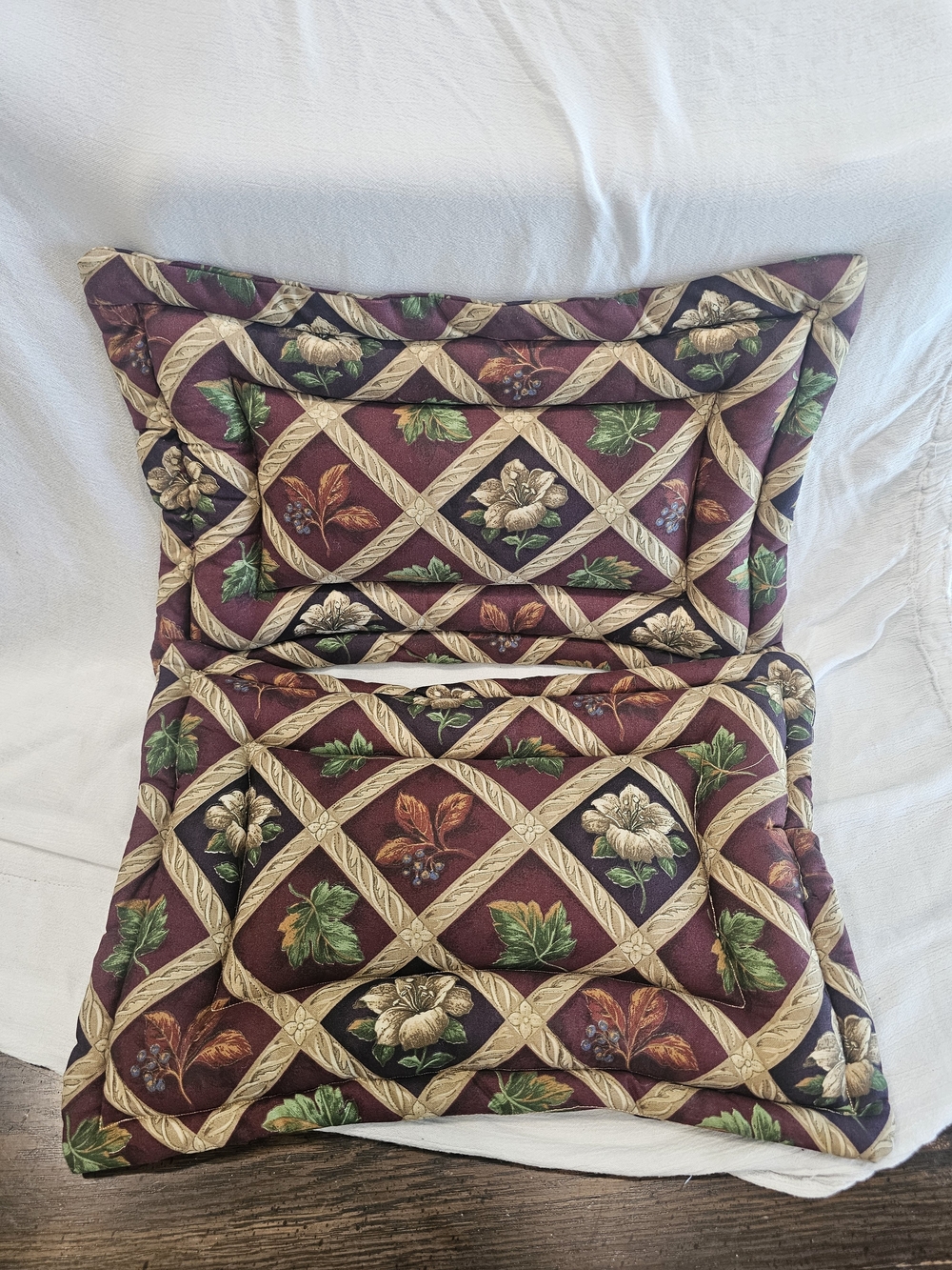 Vintage Handmade Quilted Tapestry Pillow Shams – Pair of 2, Burgundy Floral
